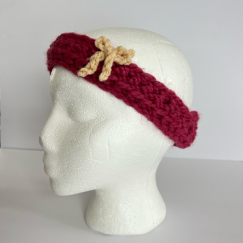 New! Crochet Soft Wool Headband Pink with Cream Bow Youth/Adult Small